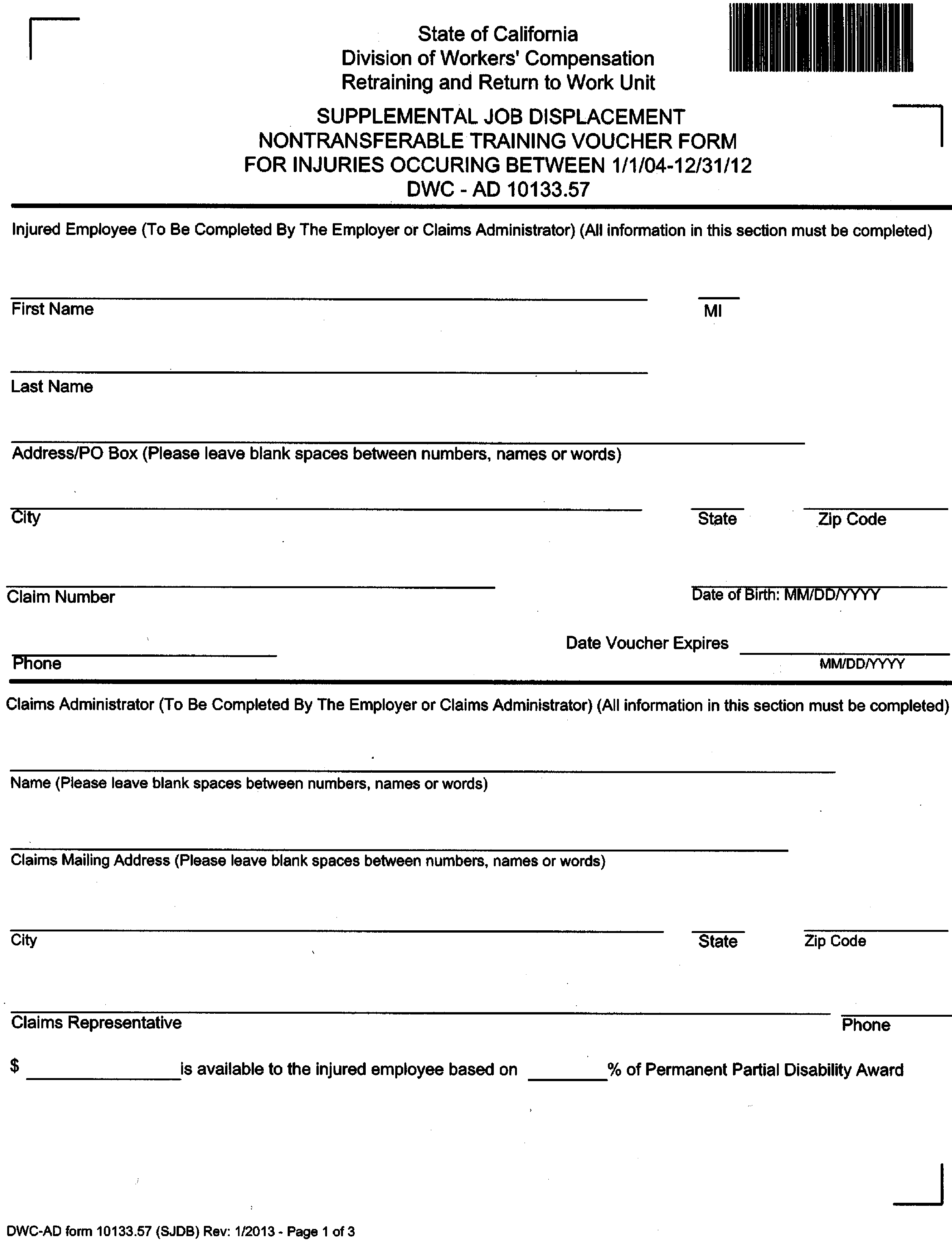 Image 1 within § 10133.57. Form [DWC-AD 10133.57 “Supplemental Job Displacement Nontransferable Training Voucher Form for Injuries Occurring Between 1/1/04 - 12/31/12, Inclusive.”]